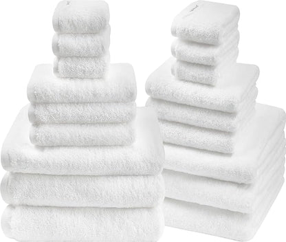 SEMAXE 18-Pack Bath Towel Set Include 6 Bath Towels, 6 Hand Towels, 6 Wash Cloths, 100% Cotton Bathroom Towels with Hanging Loops and Nano-Bio Lifecycle Labels, Soft and Absorbent Towel, White