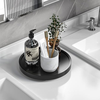 Turntable Vanity Tray 9 Inch for Perfume Candle, Bamboo Kitchen Sink Countertop Organizer for Keep Glass, Sponge and Soap Bathroom Countertop Organizer Black