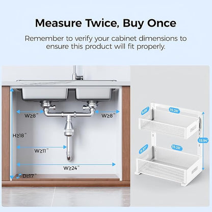 Under Sink Organizer 2 Tier, Adjustable Height Under Sink Organizers and Storage, Smooth & Silent Sliding Out Metal Drawer for Kitchen Bathroom Pantry Cabinet Closet (White, 1 Pack)