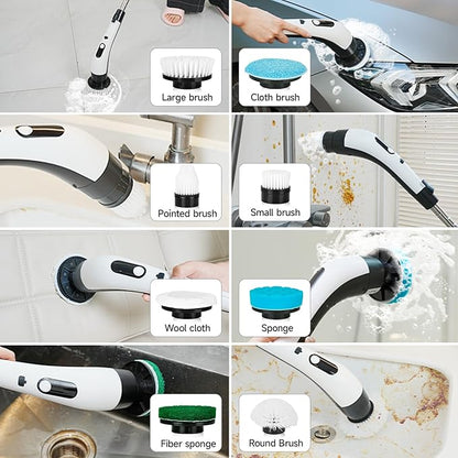 PUNOMO Electric Spin Scrubber, Cordless Waterproof Cleaning Brush with 8 Replaceable Brush Heads - 120Mins Work Time Adjustable Long Handle 2 Speeds 360 Power Scrubber for Bathroom Shower Kitchen Car