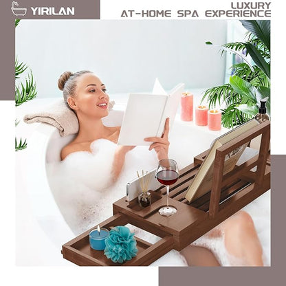 Yirilan Bamboo Bathtub Tray, Expandable Bathroom Tray,Browm