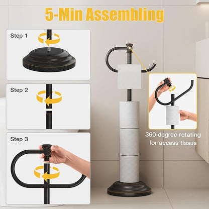 BESy Toilet Paper Holder Free Standing Bathroom Toilet Tissue Holder Stand for Floor Toilet Paper Roll Holder with Storage Hardware Accessories Rack Hand Towel Bar Oil Rubbed Bronze Stainless Steel