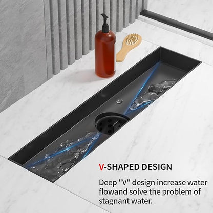 Linear Shower Drain, 304 Stainless Steel with Adjustable Leveling Feet, Hair Strainer,Reversely Install Place to Create an Invisible Floor Drain - Black -60-Inch