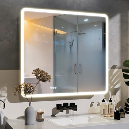 BEAUTYPEAK 36 x 32 LED Bathroom Medicine Cabinet Mirror, Adjustable Shelves, Silver Aluminum Cabinet, Anti-Fog Stepless Dimmable 3 Colors White/Natural/Warm, Easy to Install(Wall Mount/Recessed)
