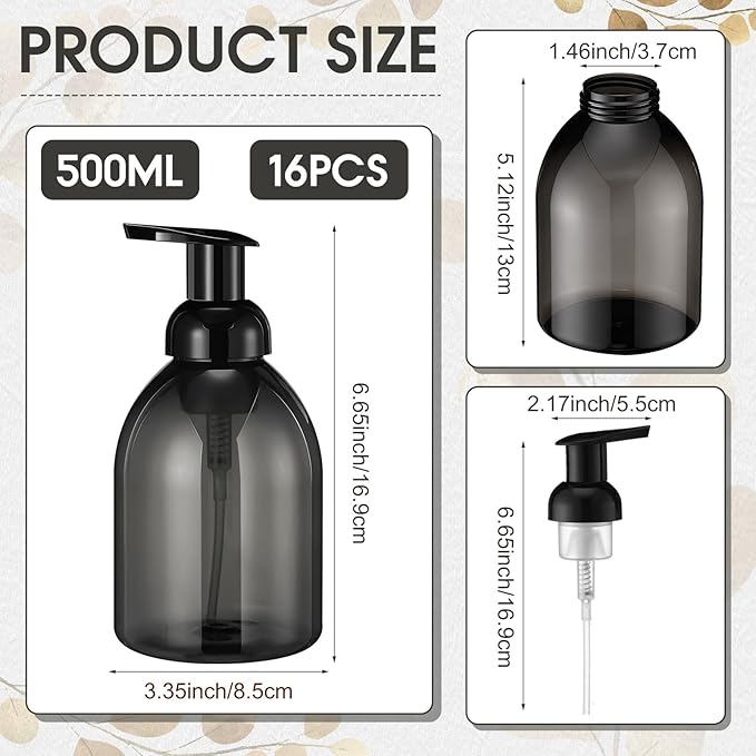 Uiifan 16 Pcs 17 oz Black Foaming Soap Dispenser Refillable Foam Pump Bottle Liquid Plastic Container for Kitchen Bathroom Commercial Concentrated or Regular Shampoo Body Wash Dish Liquid Soap