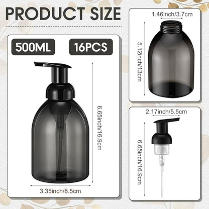 Uiifan 16 Pcs 17 oz Black Foaming Soap Dispenser Refillable Foam Pump Bottle Liquid Plastic Container for Kitchen Bathroom Commercial Concentrated or Regular Shampoo Body Wash Dish Liquid Soap
