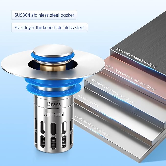 Universal Bathroom Sink Stopper Replacement,Pop Up Sink Drain Strainer Hair Catcher,Silent Copper Popper Core/Cover,Stainless Steel Filter Basket Fit 1.05~2.0'' (Silver Polished, 2 Pack)