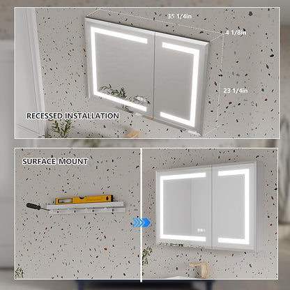 GroGro LED Lighted Bathroom Medicine Cabinet with Mirror, 36" W x 24" H Beveled Edge Medicine Cabinet with Lights,Surface or Recessed Mounting,Defog,Dimming,3-Color Temperature Adjustment