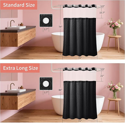 Hookless Shower Curtain with Snap in Liner 71" x 74" Double-Layer Waterproof Polyester Shower Curtain for Bathroom or Hotel Use,Removable Liner,Magnetic Hem,Large Rings,Machine Washable,Black