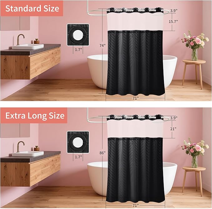 Hookless Shower Curtain with Snap in Liner 71" x 86" Double-Layer Waterproof Polyester Shower Curtain for Bathroom or Hotel Use,Removable Liner,Magnetic Hem,Large Rings,Machine Washable,Black