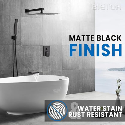 Wall Mounted Shower Faucet Set, Shower System with Tub Spout, 10 Inch Rainfall Shower Head with Handheld Spray, Waterfall Tub Spout Bathtub Faucet, Black