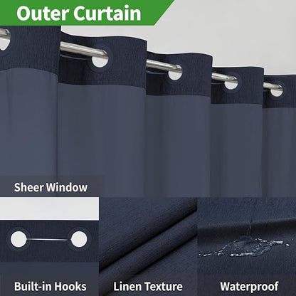 Extra Long No Hooks Needed Linen Textured Shower Curtain with Snap-in Fabric Liner Set,White Hotel Luxury Decor Shower Curtains for Bathroom,Waterproof & Washable,71Wx86H,Navy Blue