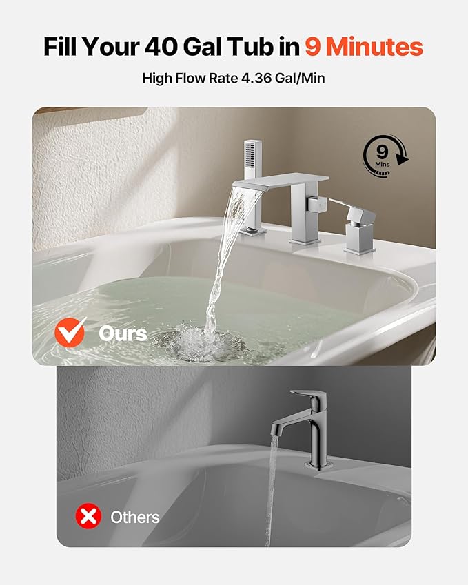 VEVOR Roman Tub Faucet, 3 Hole Waterfall Bathtub Faucet, Roman Bathtub Faucets Set with Shower Head & 1 Handle, Deck Mount Bath Tub Faucets Set for Adult Bathing, Brushed Stainless Steel, Drip-Free