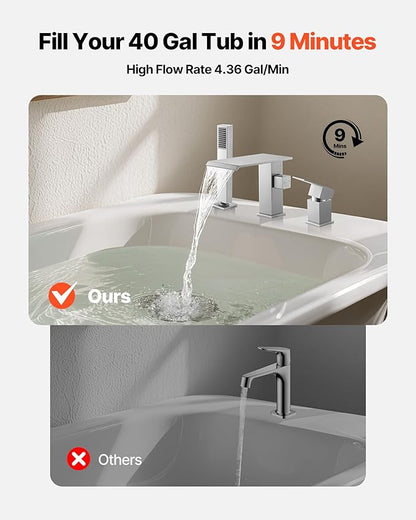 VEVOR Roman Tub Faucet, 3 Hole Waterfall Bathtub Faucet, Roman Bathtub Faucets Set with Shower Head & 1 Handle, Deck Mount Bath Tub Faucets Set for Adult Bathing, Brushed Stainless Steel, Drip-Free