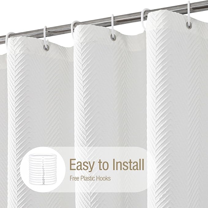 Gibelle White Shower Curtain, 3D Embossed Textured Herringbone Fabric Modern Farmhouse Bathroom Decor Soft Cloth Curtain Set with Hooks, 72x72
