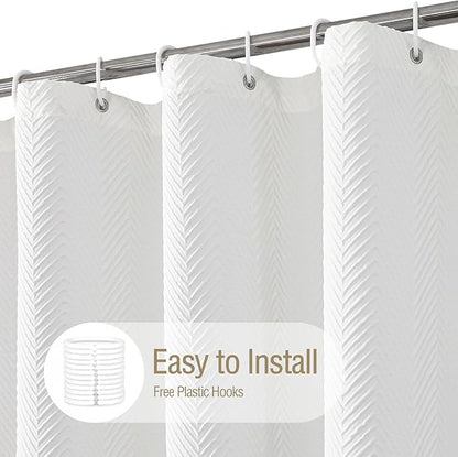 Gibelle Extra Long Shower Curtain 72 x 84, Tall 3D Embossed Textured White Fabric Shower Curtain, Modern Farmhouse Herringbone Decorative Bathroom Curtains Shower Set with Hooks