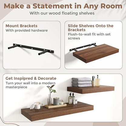 36 Inch Floating Shelves for Wall Set of 2, 12"D Wood Grain Bathroom Shelves with Invisible Brackets, Easy Install Engineered Wood Storage Shelves for Kitchen, Living Room, Bedroom, Walnut Finish