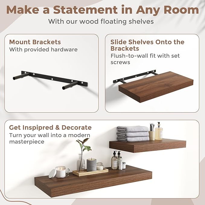 30 Inch Floating Shelves for Wall Set of 2, 12"D Wood Grain Bathroom Shelves with Invisible Brackets, Easy Install Engineered Wood Storage Shelves for Kitchen, Living Room, Bedroom, Walnut Finish