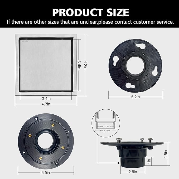 4 Inch Square Shower Drain with Flange, Removeable Grate SUS 304 Stainless Steel Shower Drain with Hair Catcher (Brushed Nickel-1, 4 Inch)