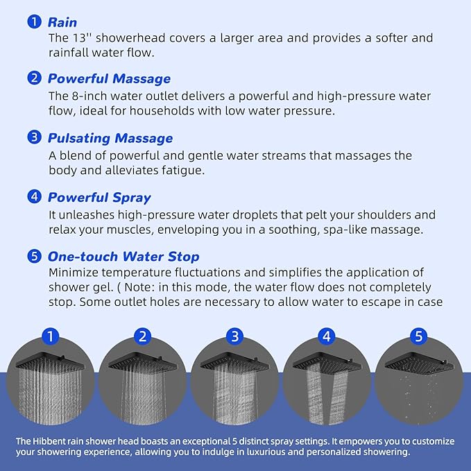 Hibbent 5-spray Filtered Rainfall Shower Head Combo, High Pressure 13'' Showerhead with 10 Spray Modes Handheld, All Metal 3 way Diverter Shower Arm, 71'' Hose and Holder, Matte Black