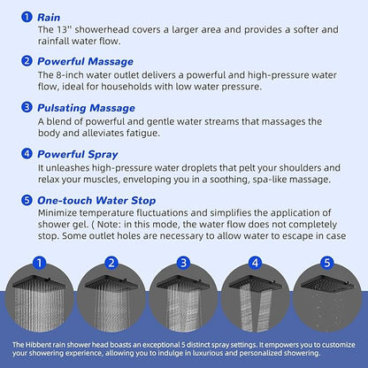 Hibbent 5-spray Filtered Rainfall Shower Head Combo, High Pressure 13'' Showerhead with 10 Spray Modes Handheld, All Metal 3 way Diverter Shower Arm, 71'' Hose and Holder, Matte Black