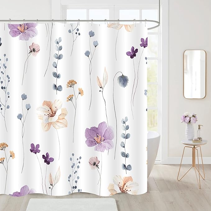 Gibelle Extra Long Shower Curtain 72 x 84, Watercolor Floral Fabric Shower Curtain, Purple Beige Flower Decorative Bathroom Shower Curtain Set