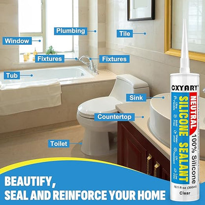 Silicone Caulk & Sealant Clear, 10 Pack - 100% Waterproof Silicone Sealant, Silicone Caulking for Kitchen and Bathroom, Toilet, Sink, Window ＆ Door Use, Shrink & Crack Proof (10.1 FL.OZ/300ml)