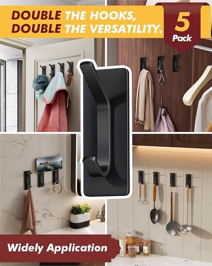 Auxmir Self Adhesive Hooks for Hanging 15lb, Stainless Steel Wall Hooks for Coat and Towel, Waterproof Oilproof Rustproof Adehesive Door Hanger for Bathroom Shower Kitchen Office RV, Black, 5 Pack
