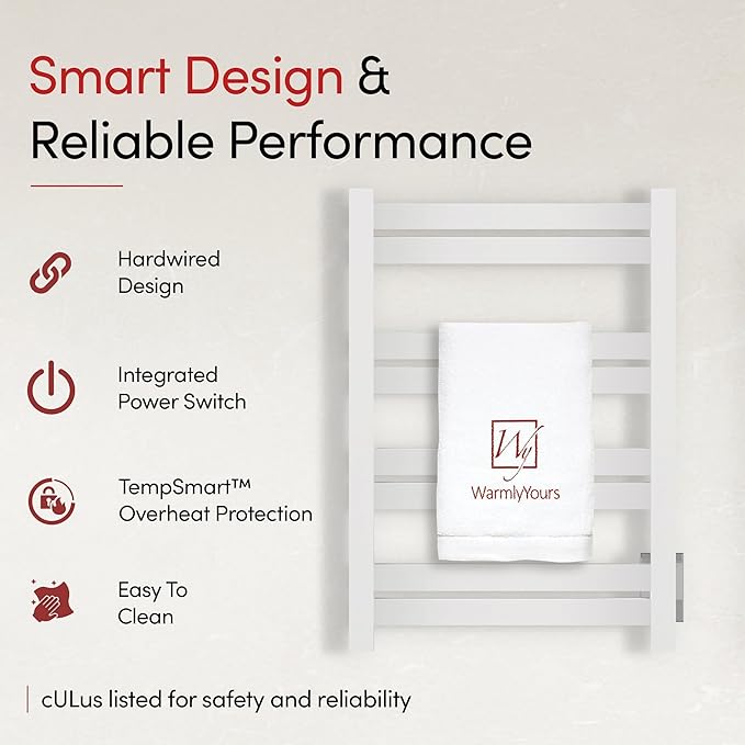 WarmlyYours Heated Towel Warmer Rack, 8-Bar, Hardwired, Integrated On/Off Switch with Light, 304-Stainless Steel (Maple)