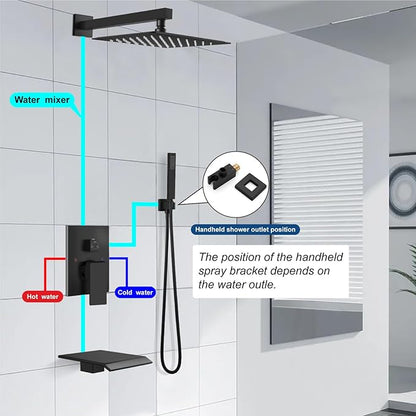 Midanya Rain Shower System with Tub Spout,Tub Shower Faucet Set with rainfall Shower Head and Handheld Spray,Wall Mount Tub Shower Combo Rough-in Valve Included,10 Inch Matte Black