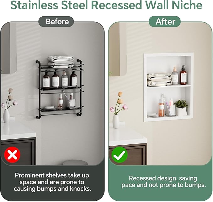 Stainless Steel Recessed Medicine Cabinet 14''*18'', Rust-Proof Metal Wall Niche, in Wall Shower Niche Shelf Insert Replacement, Recessed Medicine Cabinets for Drywall, Bathroom Storage, White