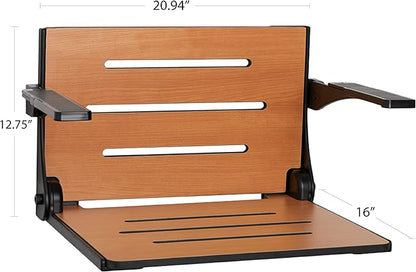 Seachrome Silhouette Comfort Folding Wall Mount Shower Bench Seat with Arms, Teak Seat with Matte Black Frame