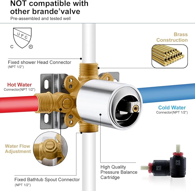 KENES Polished Chrome Tub and Shower Trim Kit, Tub Shower Faucet Set Complete with 10-Inch Rainfall Shower Head and Tub Spout, KE-6024A-5 (Shower Valve Included)