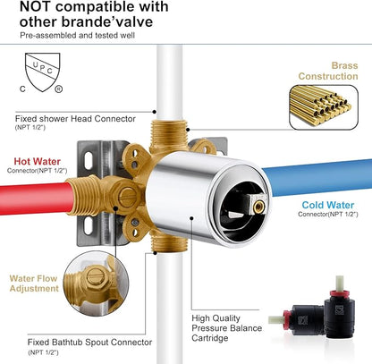 KENES Polished Chrome Tub and Shower Trim Kit, Tub Shower Faucet Set Complete with 10-Inch Rainfall Shower Head and Tub Spout, KE-6024A-5 (Shower Valve Included)