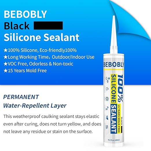 Black Silicone Caulk & Sealant, 100% Waterproof Silicone Caulking, Silicone Sealant Caulking for Kitchen, Bathroom, RV, Interior & Exterior Use, Shrink & Crack Proof, 10.2 FL. OZ/300ML, 4 Pack