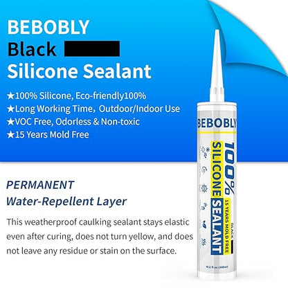 Black Silicone Caulk & Sealant, 100% Waterproof Silicone Caulking, Silicone Sealant Caulking for Kitchen, Bathroom, RV, Interior & Exterior Use, Shrink & Crack Proof, 10.2 FL. OZ/300ML, 4 Pack