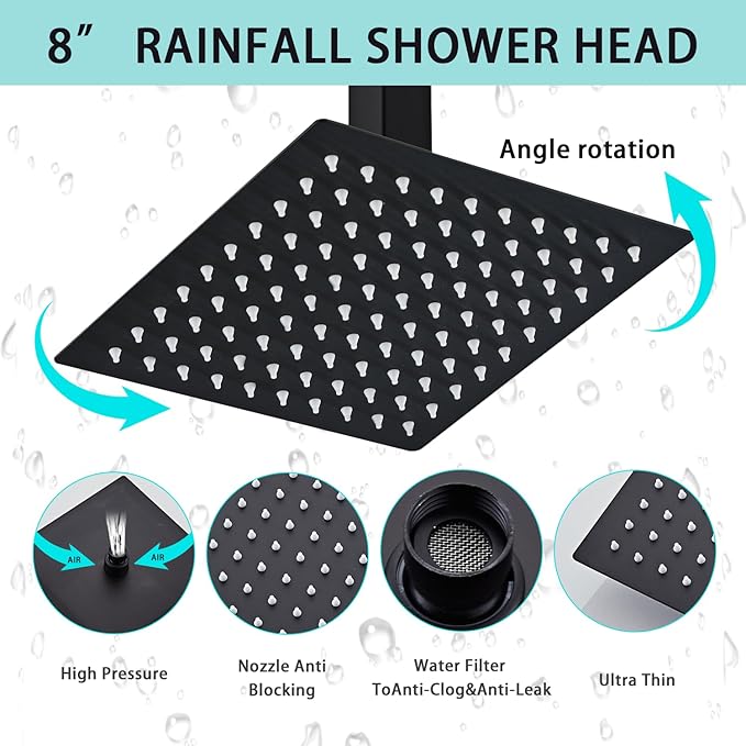 8 Inch Shower Faucet Set Ceiling Mount, High Pressure Rainfall Shower System Square Rain Shower Head with Handheld Spray Combo, Ceiling Luxury Rainfall Shower Fixtures Matte Black (3-Setting)