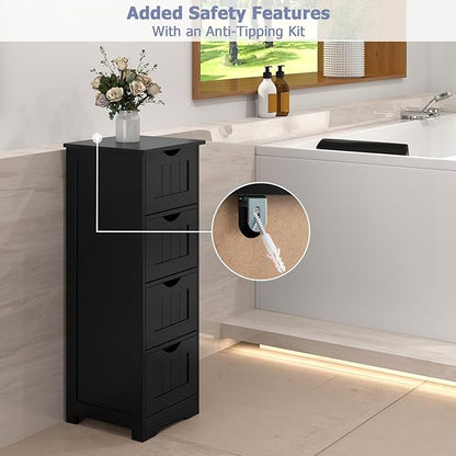 Tangkula Bathroom Floor Cabinet, Freestanding Narrow Side Storage Organizer with 4 Drawers, Multifunctional Towel Cabinet with Anti-Tip Kit for Living Room Laundry Entryway (4 Drawers, Black)