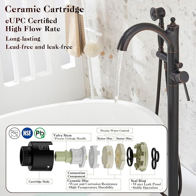 Freestanding Bathtub Faucet, Classic Free Standing Tub Faucet with Retro Handheld Sprayer High Flow Max 7.04GPM Floor Mounted Tub Fillers Swivel Spout Tub Faucets Oil Rubbed Bronze (WT-9002ORB)