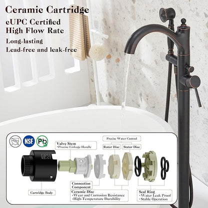 Freestanding Bathtub Faucet, Classic Free Standing Tub Faucet with Retro Handheld Sprayer High Flow Max 7.04GPM Floor Mounted Tub Fillers Swivel Spout Tub Faucets Oil Rubbed Bronze (WT-9002ORB)