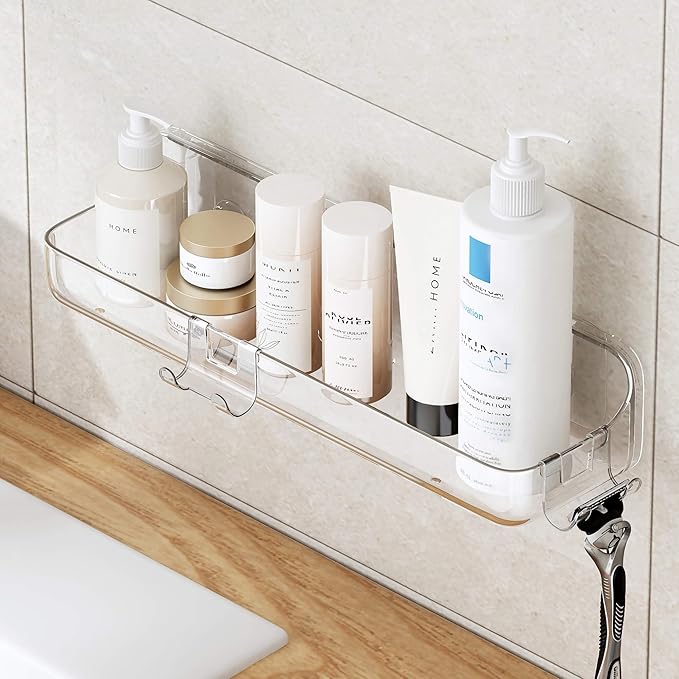 UDD Acrylic Clear Shower Caddy Shower Organizer, Plastic Adhesive Shelf with Hook and Self Adhesive Tape, No Drilling Wall Mount Shower Shelves for Bathroom Kitchen, Transparent