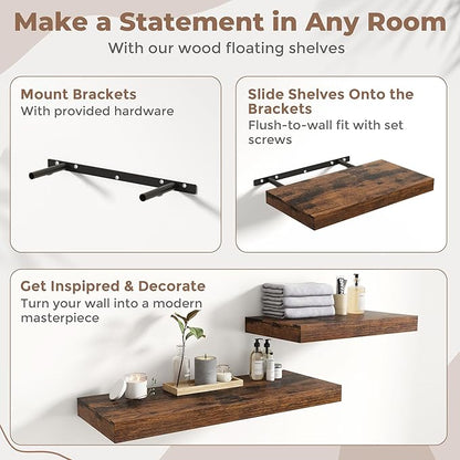 30 Inch Floating Shelves for Wall 2 Pack, 12"D Wood Grain Bathroom Shelves with Invisible Brackets, Easy Install Engineered Wood Storage Shelves for Kitchen, Living Room, Bedroom, Rustic Brown Finish