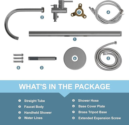 Freestanding Bathtub Faucet, Floor Mount Bathtub Faucet with 2 Water Outlet Mode, Swivel Gooseneck Spout with Hand Shower, Brass Single Handle Tub filler, Max Flow Rate 7.4 GPM,Brushed Nickel