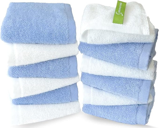 Washcloths 12 Pack 13" x 13" - Soft Wash Cloths for Your Face Towel, Wash Cloths for Your Body (White+Blue)