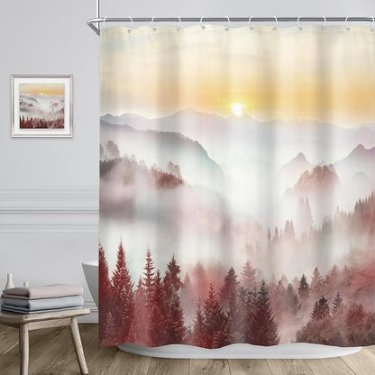 Riyidecor Misty Mountain Shower Curtain 60Wx72H Inch Red Sunrise Nature Scenery Foggy Pine Tree Scenic Woodland Modern Natural Landscape Cool Bathroom Decor Fabric Polyester Waterproof 12 Pack Hooks