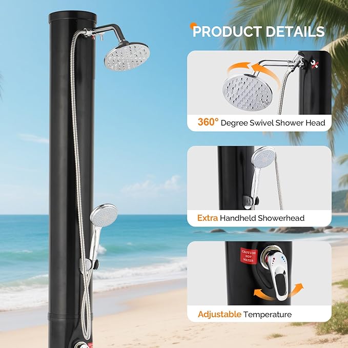 VINGLI Solar Heated Shower,2-Section with Shower Head and Foot Shower Tap，for Outdoor Backyard Poolside Beach Pool Spa,Black (10 Gallon-Black)