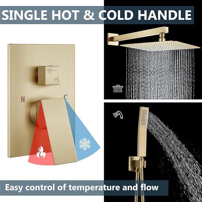 Aolemi Shower Faucet Set Rain Shower System with Handheld Spray Bathroom Shower Combo Rough-in Valve and Shower Trim Kit Included Brushed Gold 16 Inch Wall Mount Shower Head