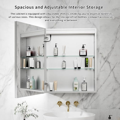GroGro Lighted Medicine Cabinet with Mirror and Storage,24" W x 30" H LED Bathroom Medicine Cabinet with Mirror,Surface or Recessed Mounting,Defog,Dimming,3-Color Temperature,Left Opening Door