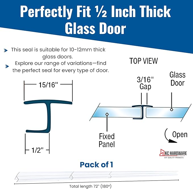 Frameless Shower Door Side Seal Strip H-Type 180 Degree 72inch Length, Clear (1, 1/2inch Glass)