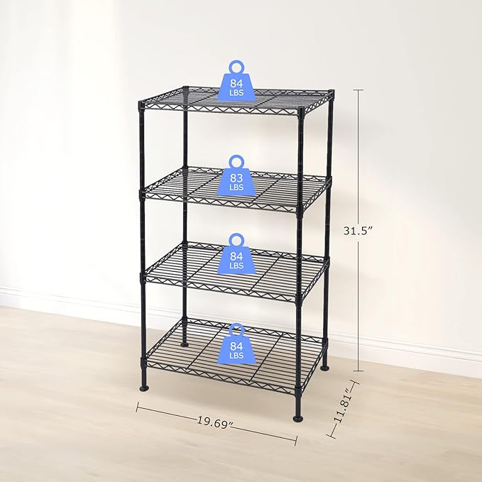 BNSPLY 4 Tier Wire Shelving Unit, Height Adjustable Wire Shelves with NSF Certified, Metal Storage Rack Shelf Unit for Kitchen, Laundry, Bathroom, Pantry, Closet (12" D x 19.7" W x 31.5" H, Black)